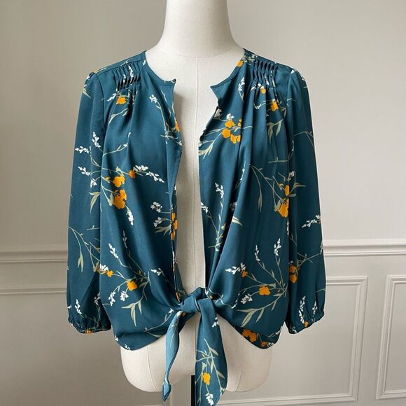 Collective Concept Stitch Fix Open Front Knotted Green Floral Blouse M Petite - Picture 2 of 9